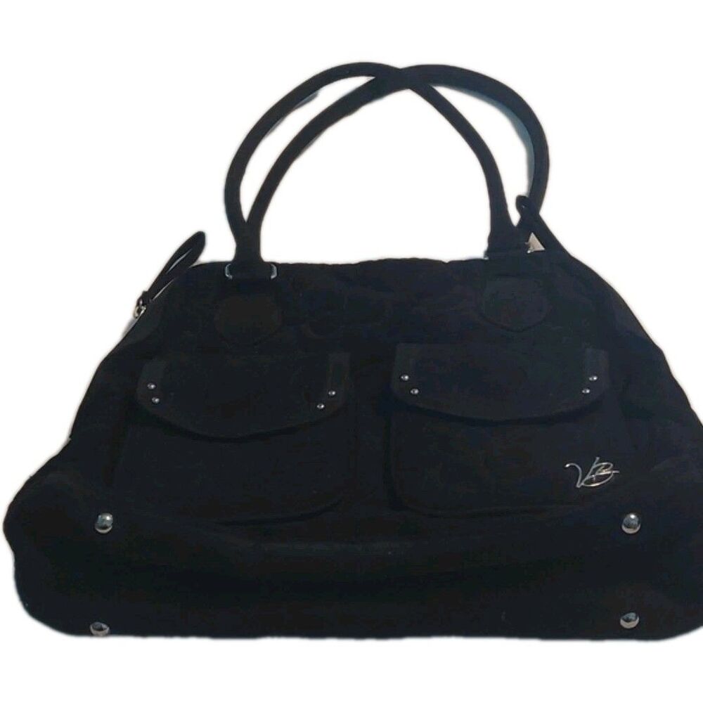 Vera Bradley Solid Black Cargo Satchel Bag Purse Quilted 2 out Pocket Retired EC